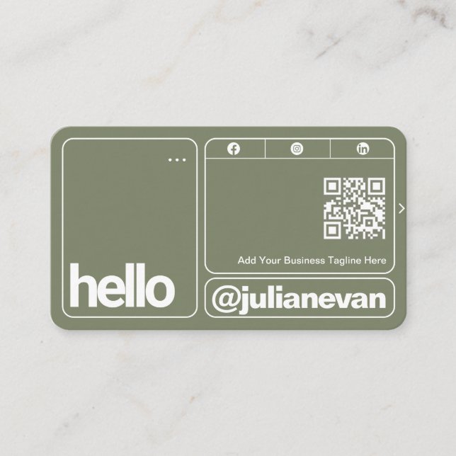 Sage Green Typography Scannable QR Code Hello Business Card (Front)