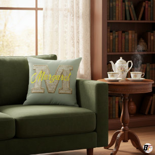 Sage Green Varsity Letter M Monogram Name Throw Pillow