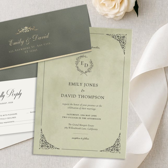 Sage Green Velvet Laurel Wreath Minimalist Wedding Invitation (Creator Uploaded)