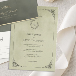 Sage Green Velvet Laurel Wreath Minimalist Wedding Invitation