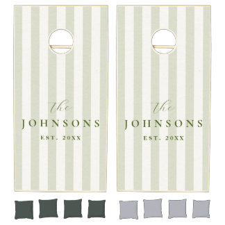 Sage Green Vertical Stripes Minimalist Family Name Cornhole Set