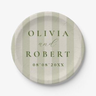 Sage Green Vertical Stripes Minimalist Wedding Paper Plates