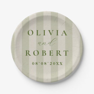 Sage Green Vertical Stripes Minimalist Wedding Paper Plates
