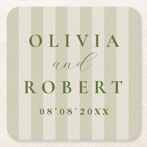 Sage Green Vertical Stripes Minimalist Wedding Square Paper Coaster