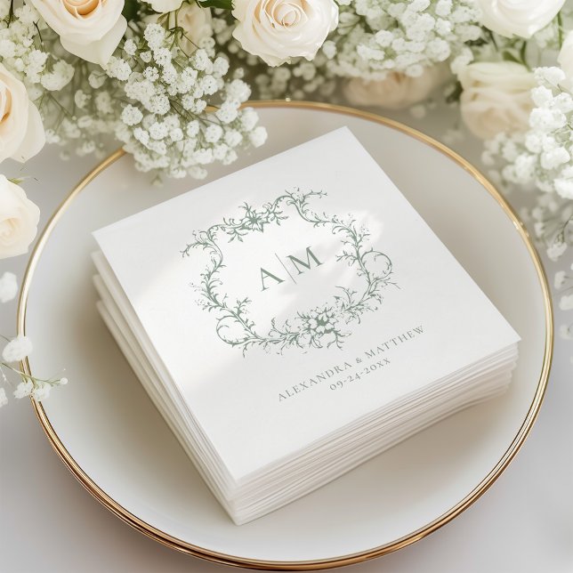 Sage Green Victorian Baroque Floral Crest Wedding Napkins (Creator Uploaded)