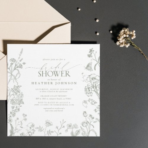 Sage Green Victorian Elegant Floral Bridal Shower Invitation