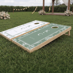 Sage Green Victorian Floral Frame French Wedding Cornhole Set