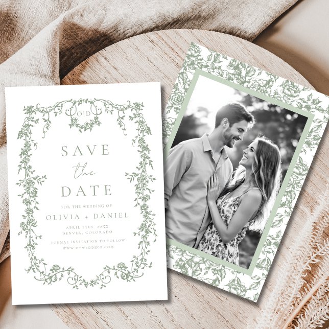 Sage Green Victorian Floral Photo French Wedding  Save The Date (Creator Uploaded)