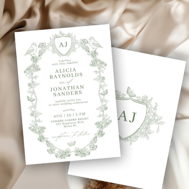 Sage green Victorian French classic floral wedding Invitation (Creator Uploaded)