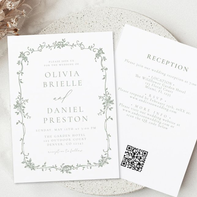 Sage Green Victorian French QR Code Wedding Invitation (Creator Uploaded)