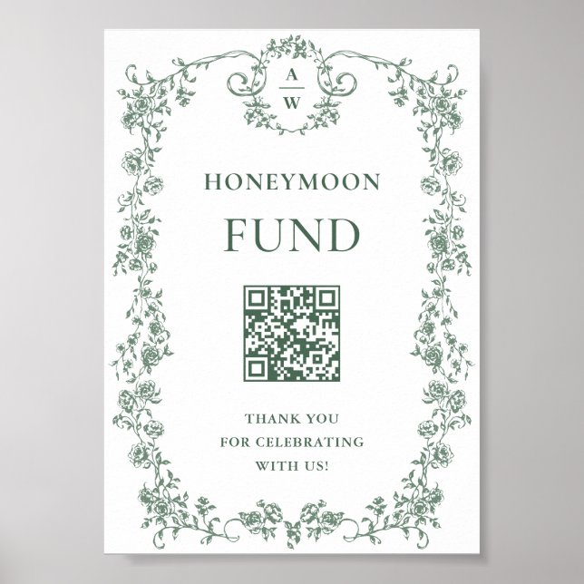 Sage Green Victorian Ornate Floral Honeymoon Fund Poster (Front)