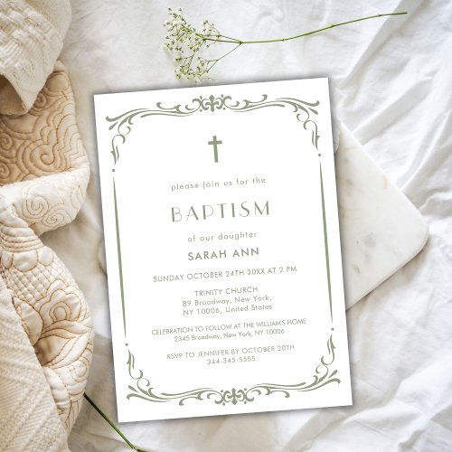 Sage Green Vintage Baptism Christening Cross Invitation