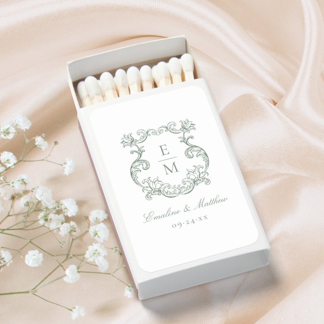 Sage Green Vintage Baroque Monogram Crest Wedding Matchboxes (Creator Uploaded)