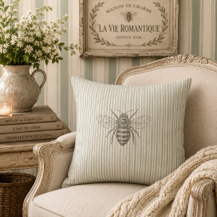 Sage Green Vintage Bee French Country Rustic Throw Pillow