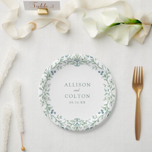 Sage Green Vintage Botanical Floral Frame Wedding Paper Plates