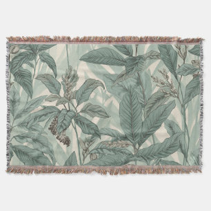 Sage Green Vintage Botanical Leaves Pattern Throw Blanket