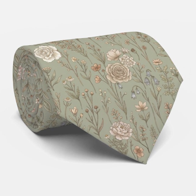 Sage Green  Vintage Botanical Meadow Pattern Neck Tie (Rolled)