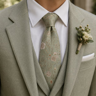 Sage Green Vintage Botanical Meadow Pattern Neck Tie