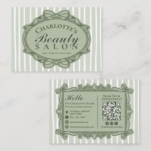 Sage Green Vintage Bow Beauty Salon Business Card