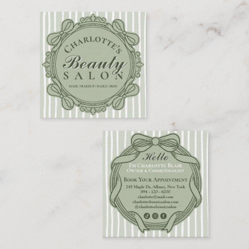 Sage Green Vintage Bow Frame Square Salon Business Card