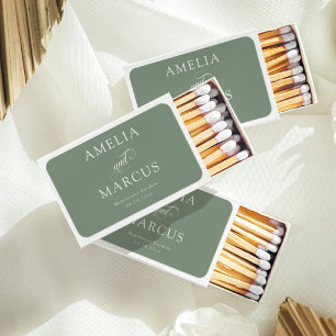 Sage Green Vintage Calligraphy Wedding Matchboxes