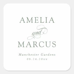 Sage Green Vintage Calligraphy Wedding Square Sticker