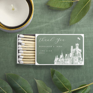 Sage Green Vintage Castle Destination Wedding Matchboxes