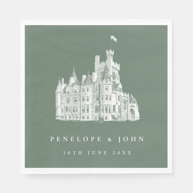 Sage Green Vintage Castle Illustration Wedding Napkins (Front)