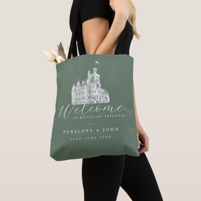 Sage Green Vintage Castle Illustration Wedding Tote Bag (Close Up)