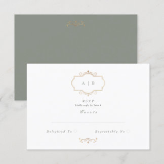 sage green vintage classic gold monogram wedding RSVP card
