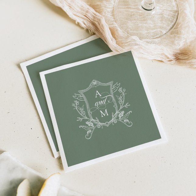 Sage Green Vintage Crest Wedding Napkins (Creator Uploaded)