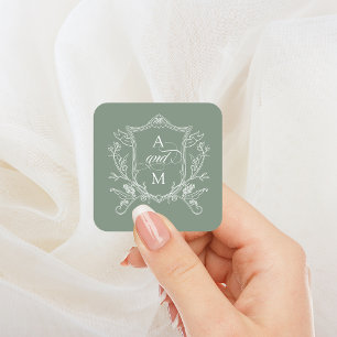 Sage Green Vintage Crest Wedding Square Sticker