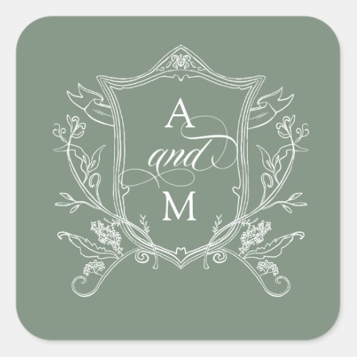 Sage Green Vintage Crest Wedding Square Sticker