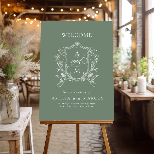 Sage Green Vintage Crest Wedding Welcome Foam Board (Creator Uploaded)