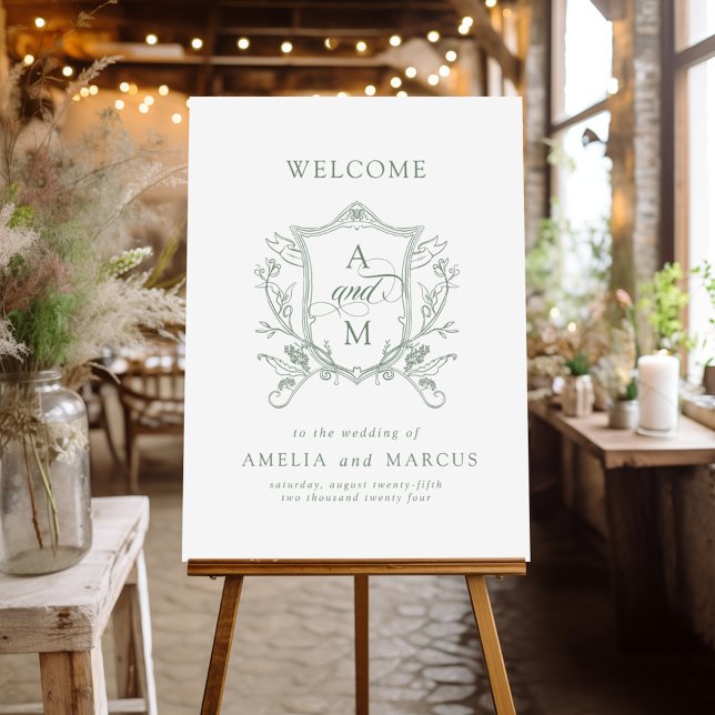 Sage Green Vintage Crest Wedding Welcome Foam Board (Creator Uploaded)