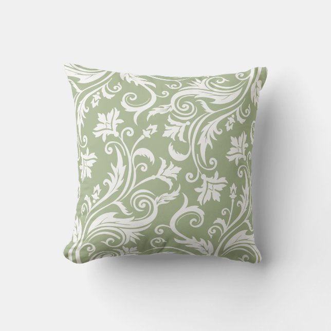 Sage Green Vintage Damask Pattern Throw Pillow (Front)