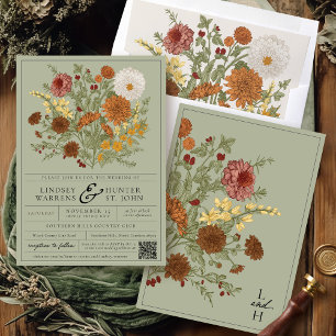 Sage Green Vintage Fall Floral Boho Autumn Wedding Invitation