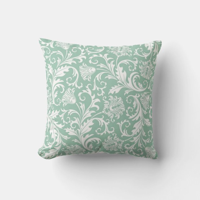 Sage Green Vintage Floral Damasks Throw Pillow (Front)