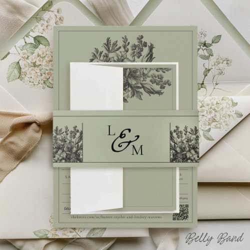 Sage Green Vintage Floral Elegant Monogram Wedding Invitation Belly Band