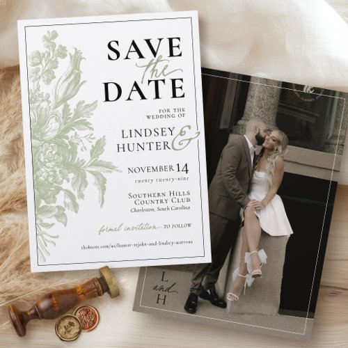 Sage Green Vintage Floral Garden Photo Wedding Save The Date