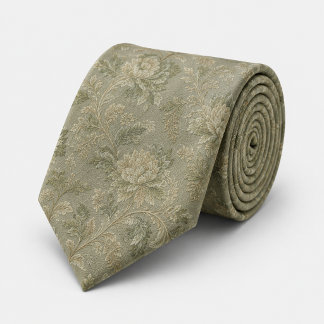 Sage Green Vintage Floral Jacquard Neck Tie