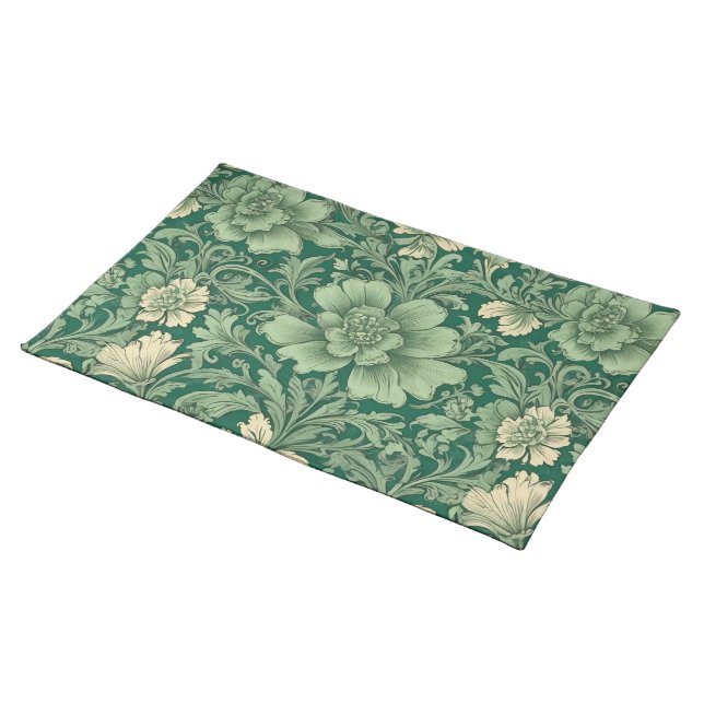 Sage Green Vintage Floral Pattern  Cloth Placemat (On Table)