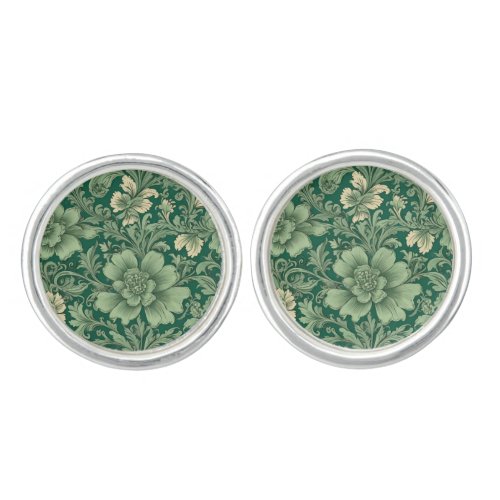 Sage Green Vintage Floral Pattern  Cufflinks