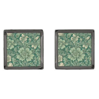 Sage Green Vintage Floral Pattern Cufflinks