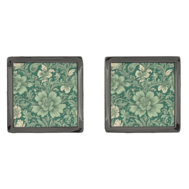 Sage Green Vintage Floral Pattern  Cufflinks (Front)