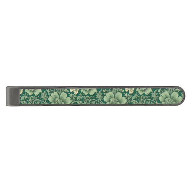 Sage Green Vintage Floral Pattern  Gunmetal Finish Tie Bar (Front)
