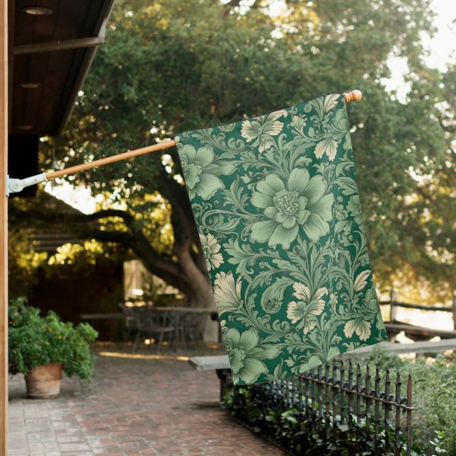 Sage Green Vintage Floral Pattern  House Flag (In SItu)