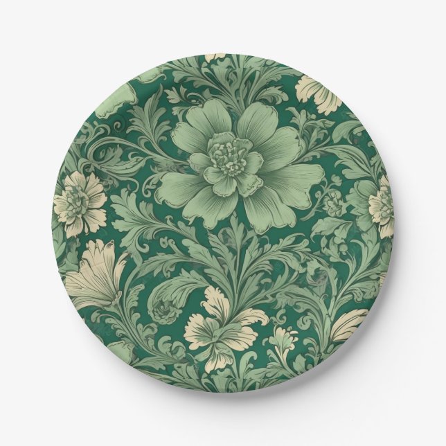 Sage Green Vintage Floral Pattern  Paper Plates (Front)