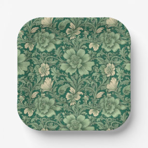 Sage Green Vintage Floral Pattern Paper Plates