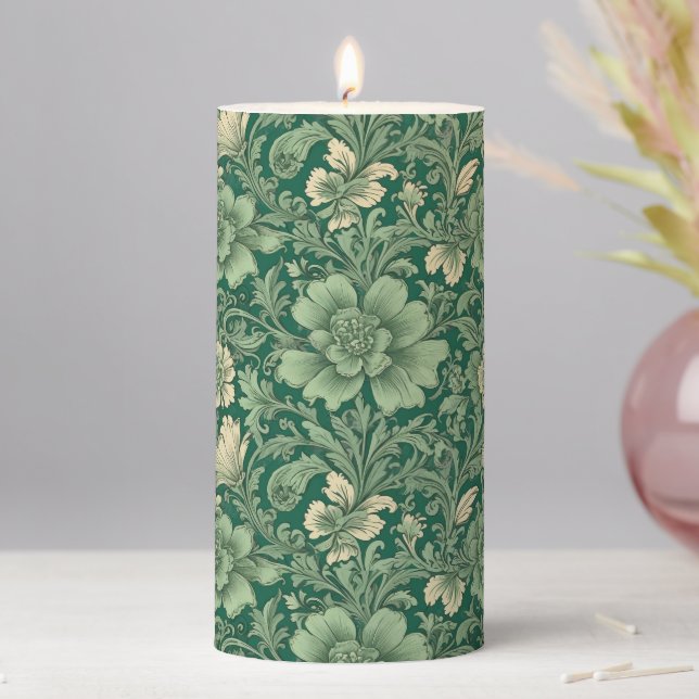 Sage Green Vintage Floral Pattern  Pillar Candle (In Situ)